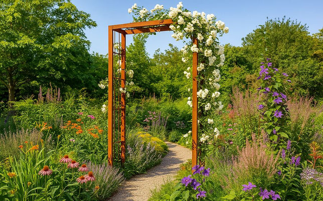 Aménagement romantique du jardin avec une arche de jardin en métal