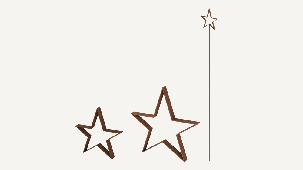 Metallsterne Novara und Gartenstecker Tissano im Set in unbeschichtet als 3D-Modell Metallsterne Novara und Gartenstecker Tissano im Set in unbeschichtet als 3D-Modell