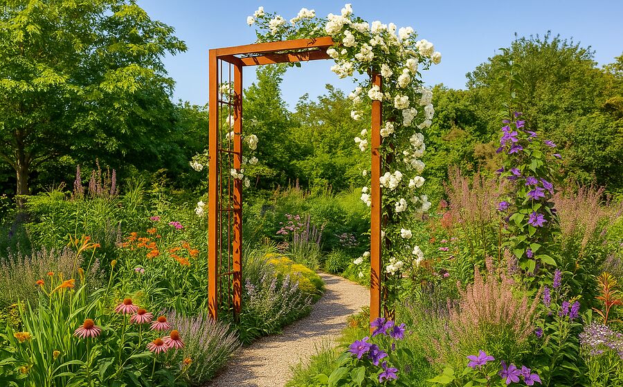 Aménagement romantique du jardin avec une arche de jardin en métal